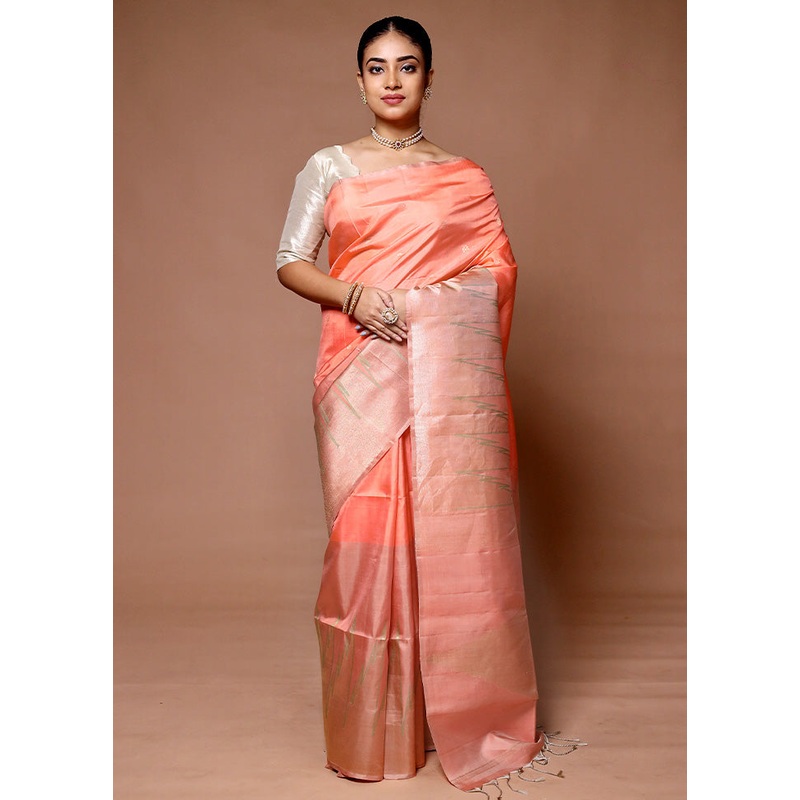 Peach Handloom Kanchipuram Pure Silk Saree With Blouse Piece - JD986600056