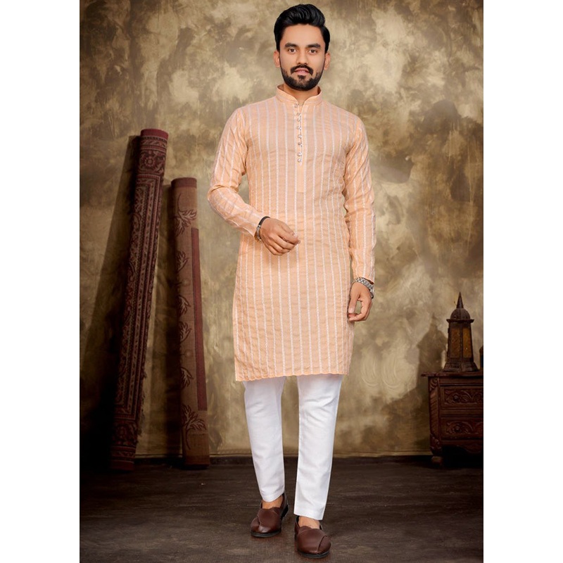 Peach Pure Cotton Kurta And Pajama Set - JD986600143