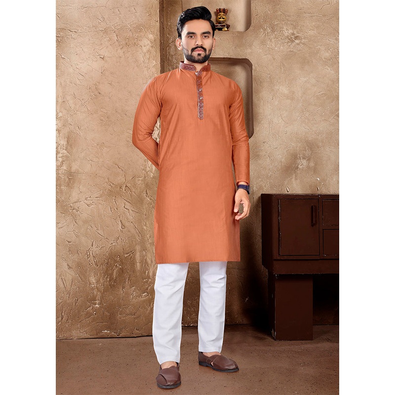 Peach Silk Kurta And Pajama Set - JD986600142