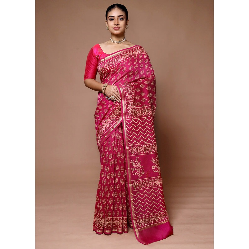 Pink Chanderi Cotton Saree With Blouse Piece - JD986600055