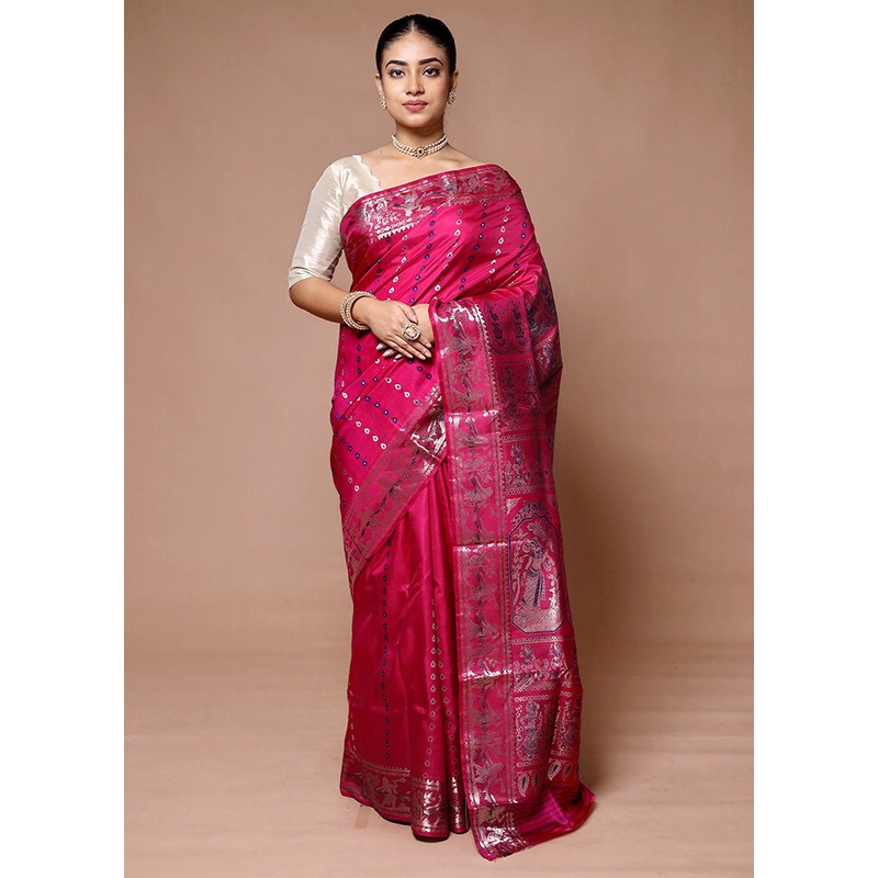 Pink Handloom Baluchari Pure Silk Saree With Blouse Piece - JD986600058