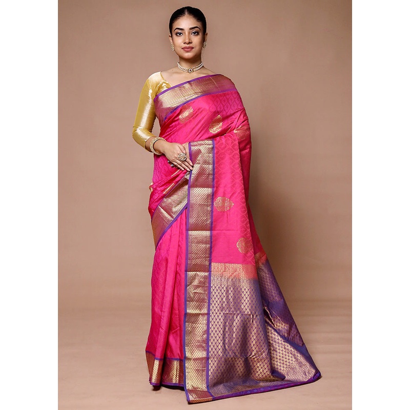 Pink Handloom Kanjivaram Pure Silk Saree With Blouse Piece - JD986600052