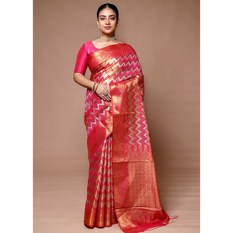 Pink Kanjivaram Silk Saree With Blouse Piece - JD986600049