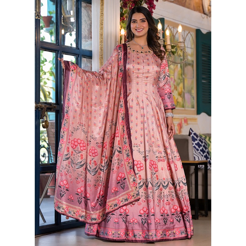 Pink Readymade Silk Dupatta Indian Dress - JD986600203