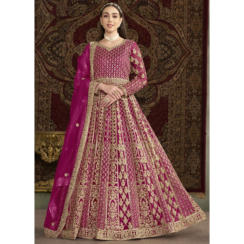 Pink Semi Stitched Net Dupatta Indian Dress - JD986600190