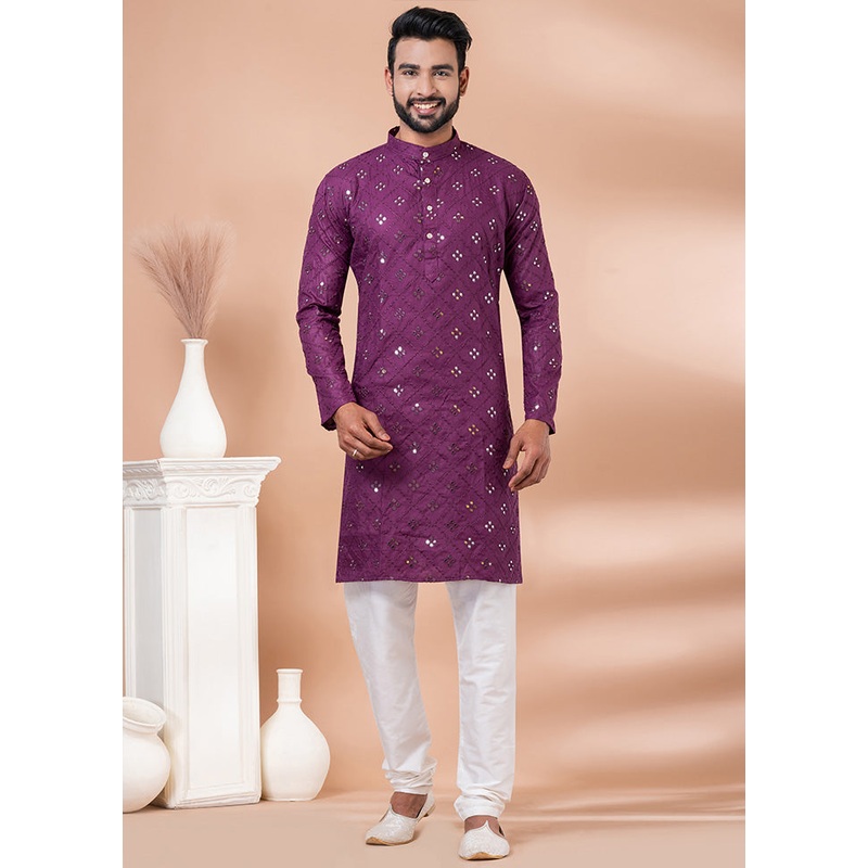 Purple Cotton Kurta And Pajama Set - JD986600137