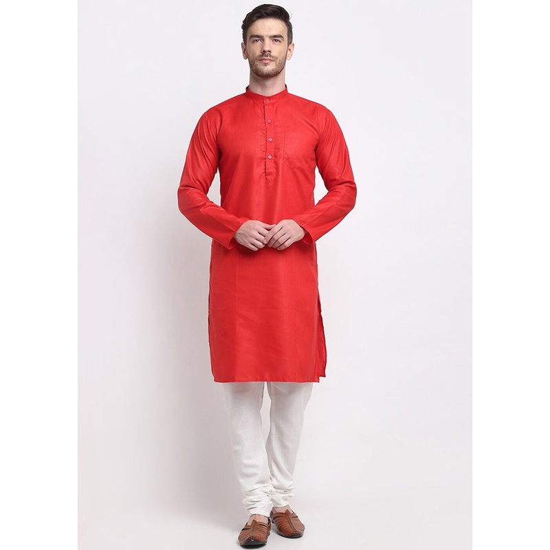 Red Cotton Kurta And Pajama Set - JD986600133