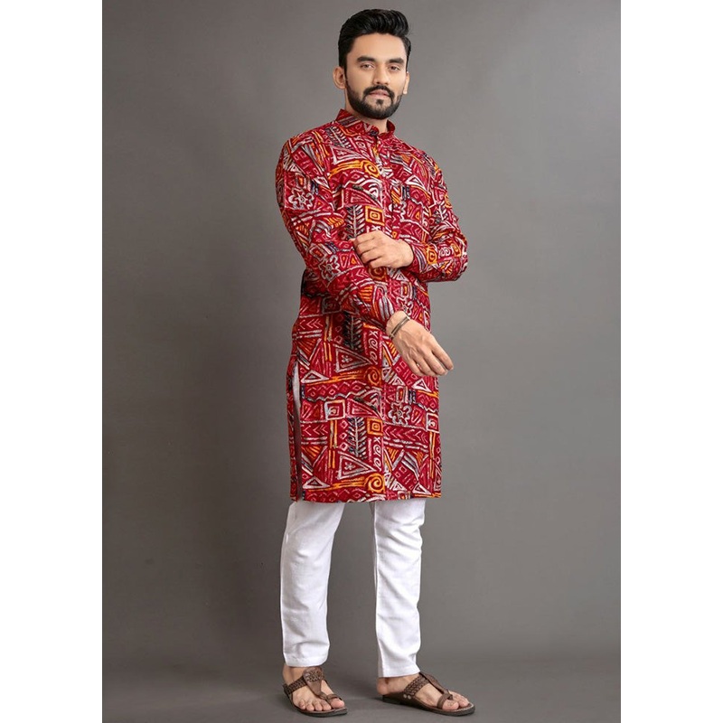 Red Cotton Kurta And Pajama Set - JD986600134
