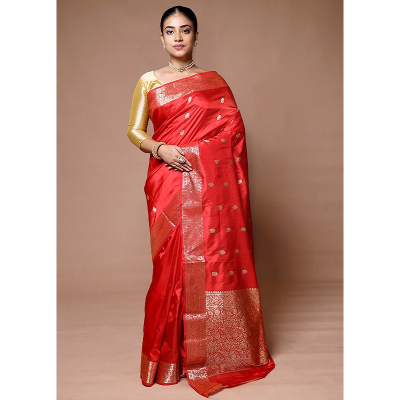 Red Handloom Katan Pure Silk Saree With Blouse Piece - JD986600043