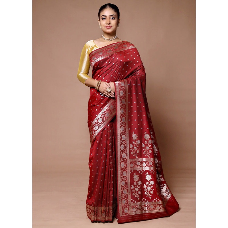Red Katan Silk Saree With Blouse Piece - JD986600042