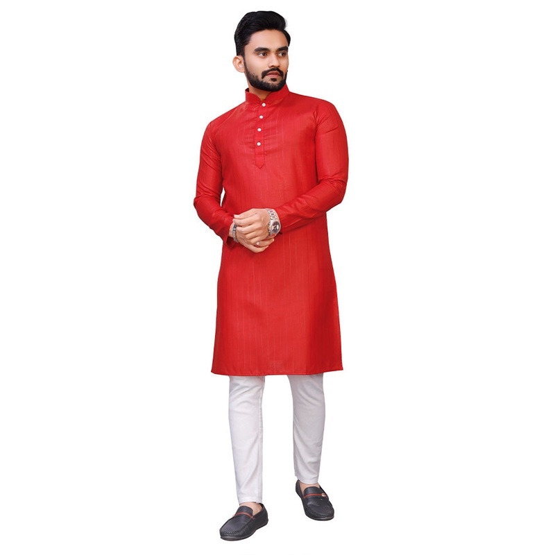 Red Pure Cotton Kurta And Pajama Set - JD986600132