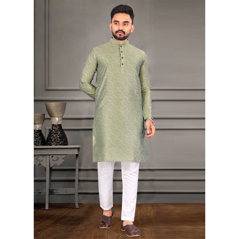 Sea Green Silk Kurta And Pajama Set - JD986600129
