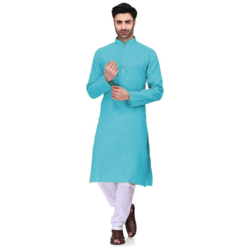 Sky Blue Cotton Kurta And Pajama Set - JD986600127