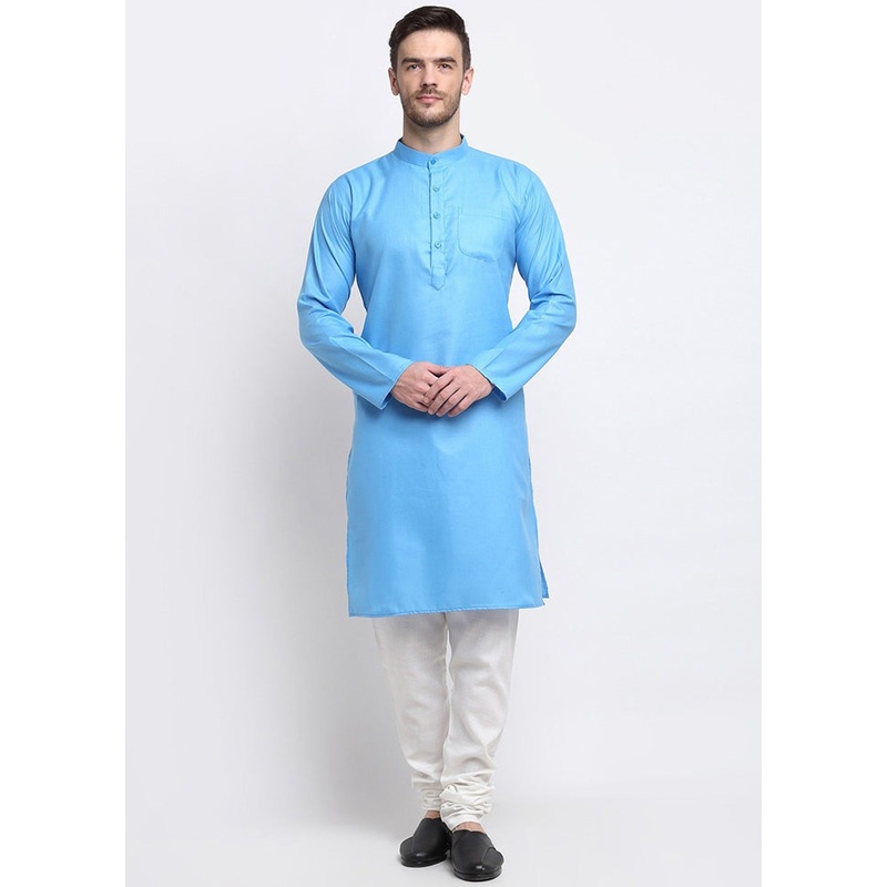 Sky Blue Cotton Kurta And Pajama Set - JD986600128