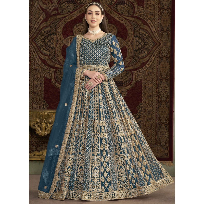 Teal Blue Semi Stitched Net Dupatta Indian Dress - JD986600189