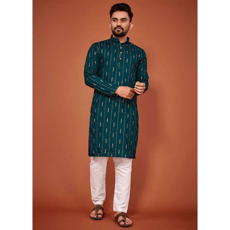 Teal Cotton Kurta And Pajama Set - JD986600126