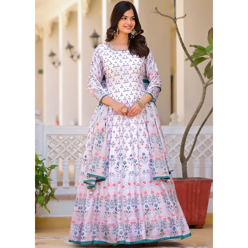 White Readymade Silk Dupatta Indian Dress - JD986600198