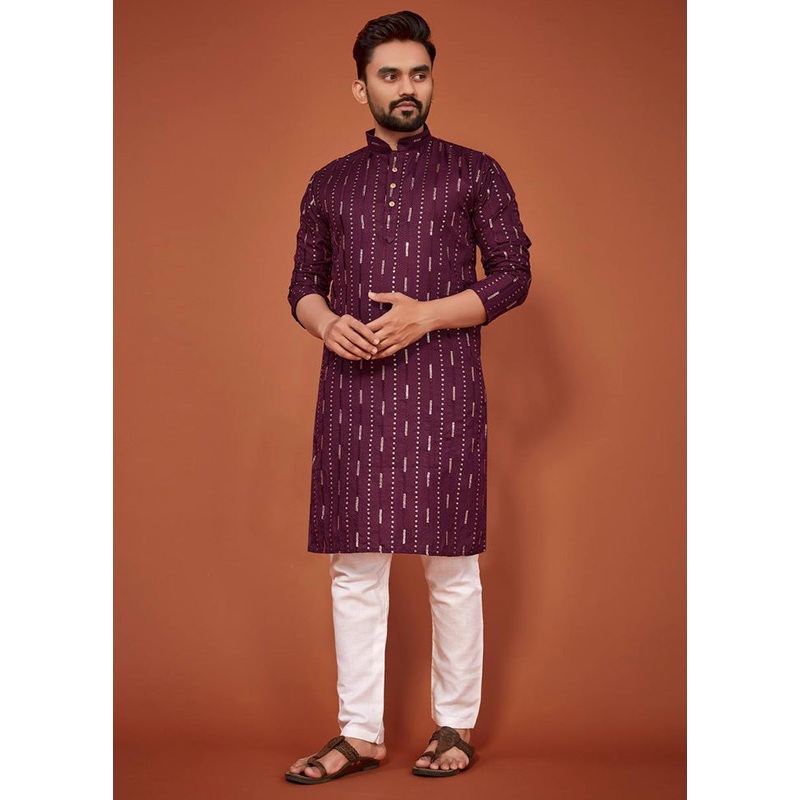 Wine Cotton Kurta And Pajama Set - JD986600122