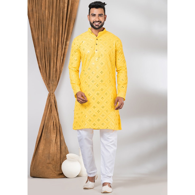 Yellow Cotton Kurta And Pajama Set - JD986600118
