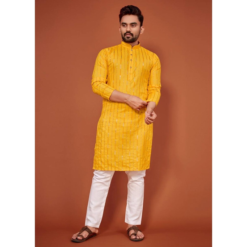 Yellow Cotton Kurta And Pajama Set - JD986600119