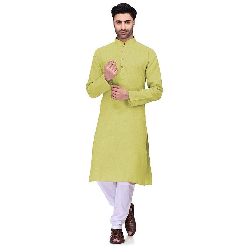 Yellow Green Cotton Kurta And Pajama Set - JD986600117