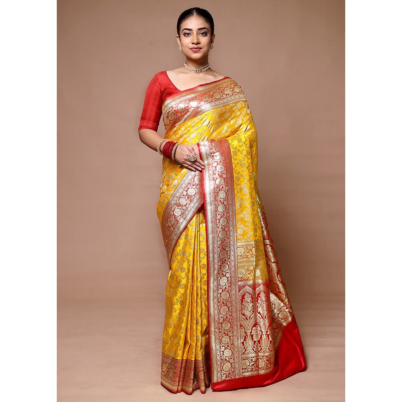 Yellow Handloom Banarasi Pure Silk Saree With Blouse Piece - JD986600038