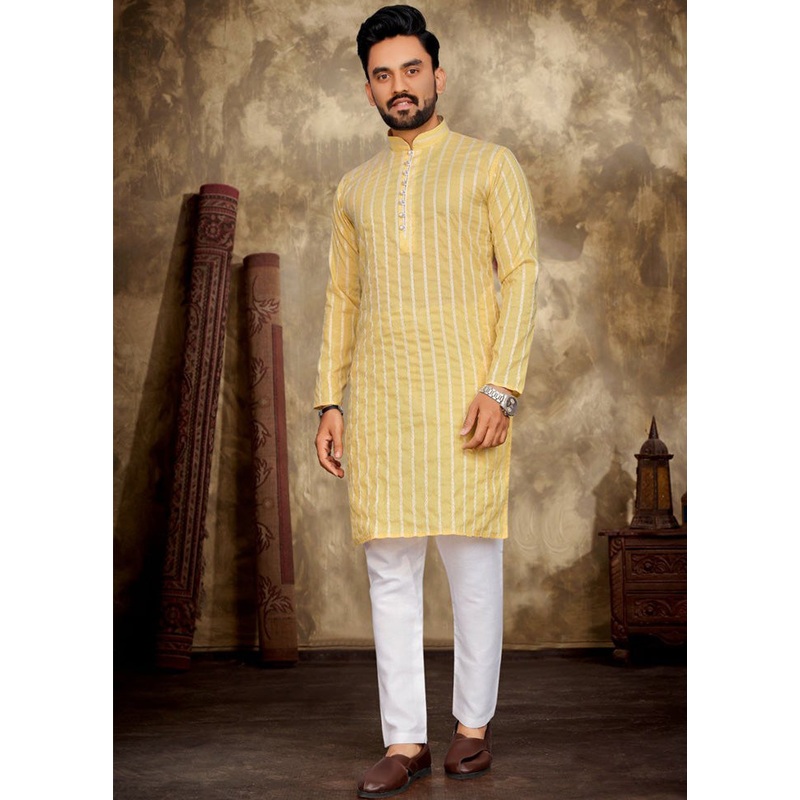Yellow Pure Cotton Kurta And Pajama Set - JD986600115