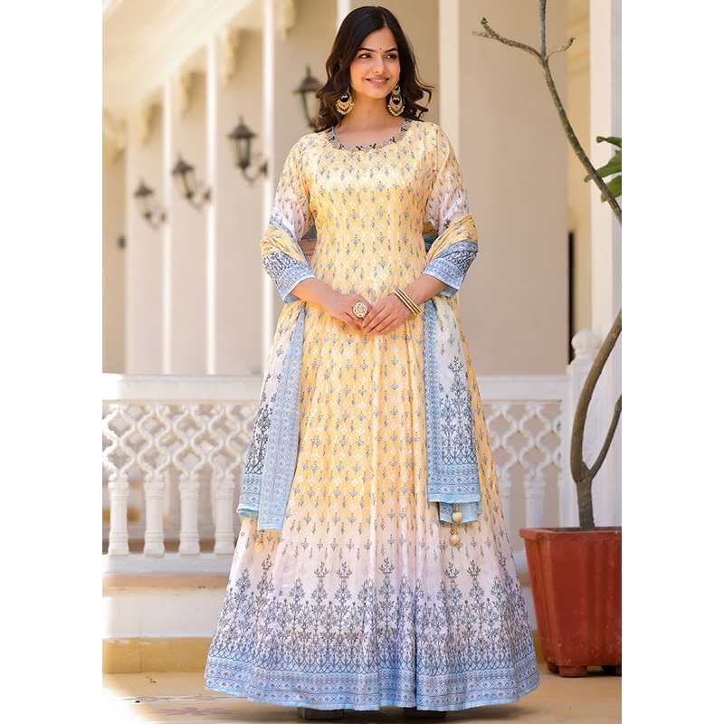 Yellow Readymade Silk Dupatta Indian Dress - JD986600195