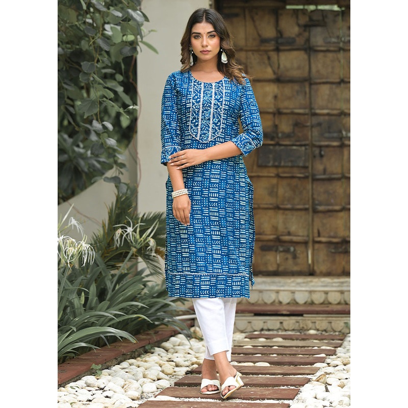 2 Pc Blue Readymade Cotton Kurti Set - JD986599949