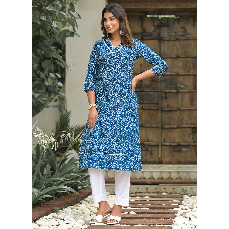 2 Pc Blue Readymade Cotton Kurti Set - JD986599950