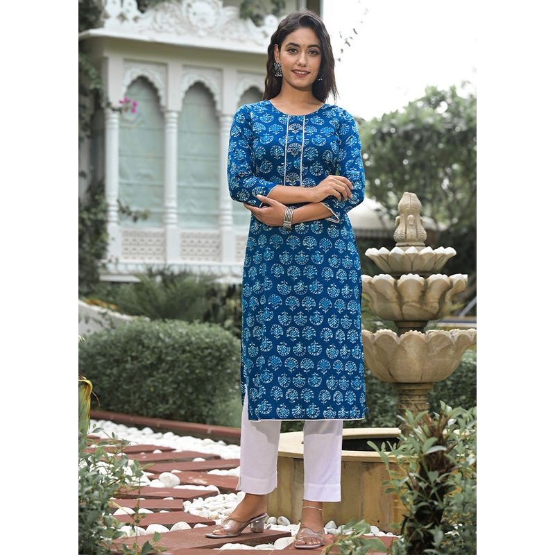 2 Pc Blue Readymade Cotton Kurti Set - JD986599951
