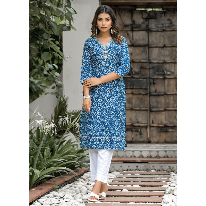 2 Pc Blue Readymade Cotton Kurti Set - JD986599952