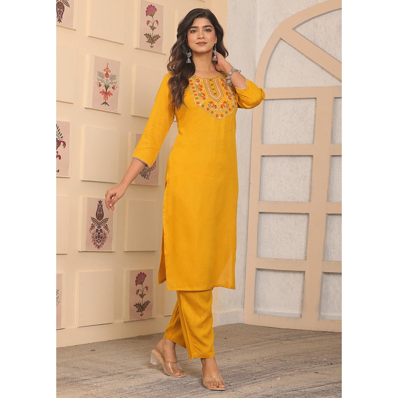2 Pc Yellow Readymade Rayon Kurti Set - JD986599945