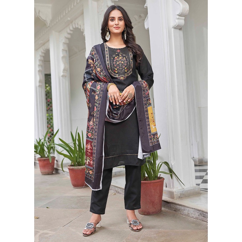 3 Pc Black Readymade Cotton Dupatta Suit Set - JD986599944