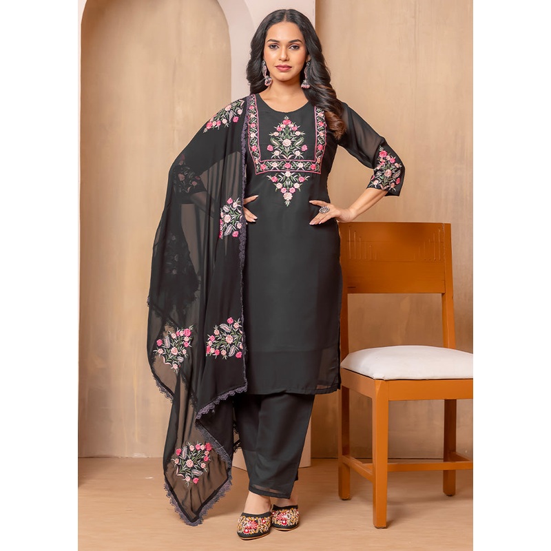 3 Pc Black Readymade Georgette Dupatta Suit Set - JD986599943