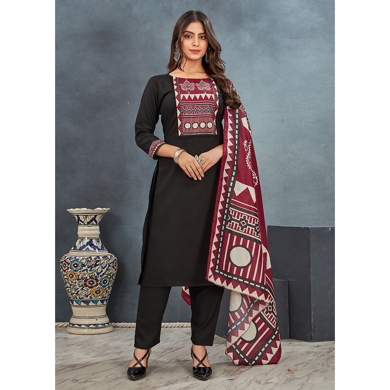 3 Pc Black Readymade Rayon Dupatta Suit Set - JD986599942