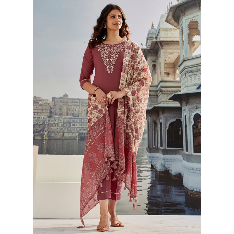 3 Pc Brown Readymade Cotton Dupatta Suit Set - JD986599941
