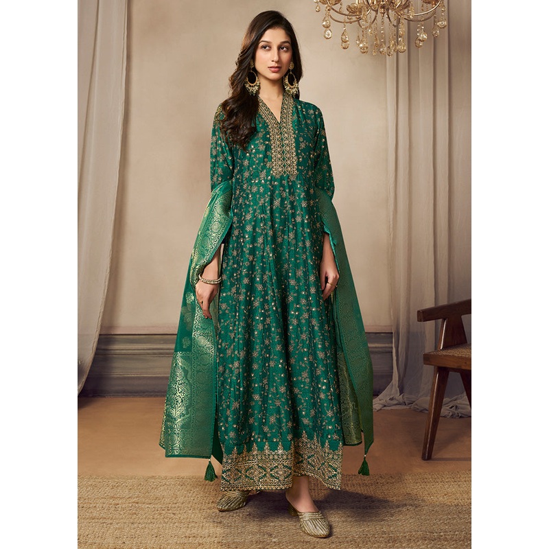 3 Pc Green Readymade Silk Dupatta Suit Set - JD986599939