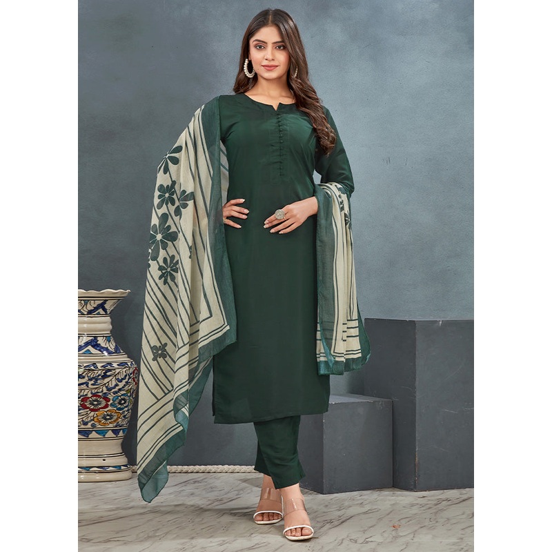3 Pc Green Readymade Silk Dupatta Suit Set - JD986599940