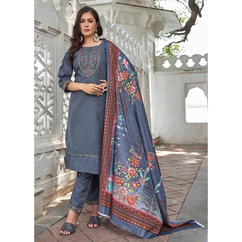 3 Pc Grey Readymade Cotton Dupatta Suit Set - JD986599938