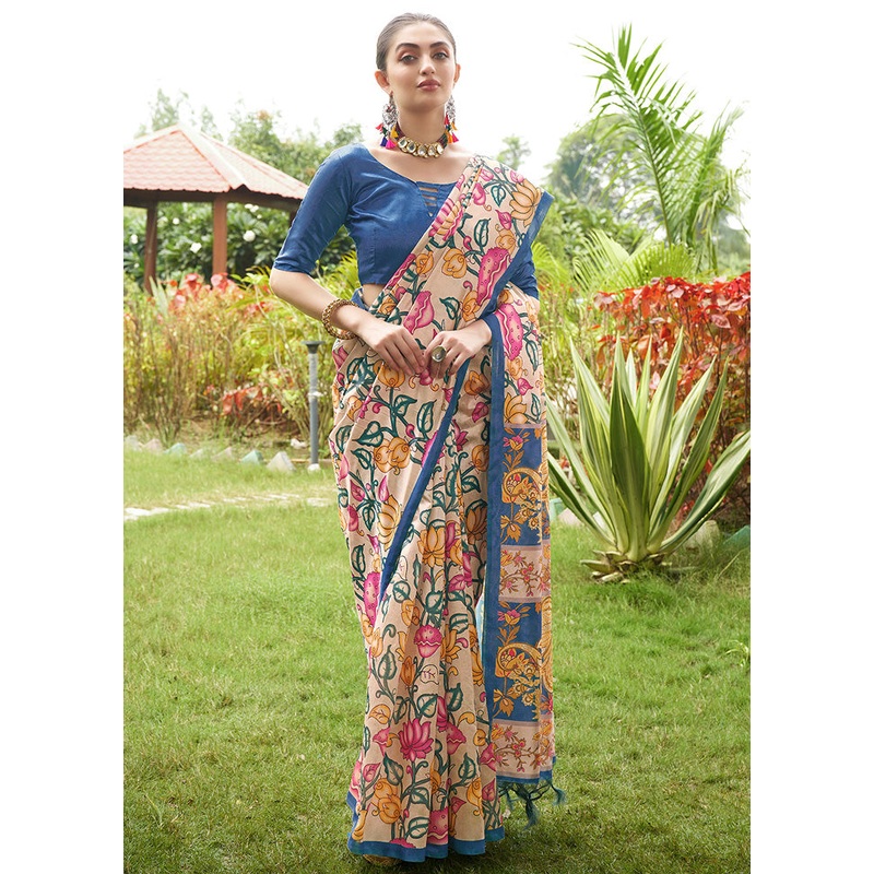 Cream Tussar Silk Saree With Blouse Piece - JD986600026