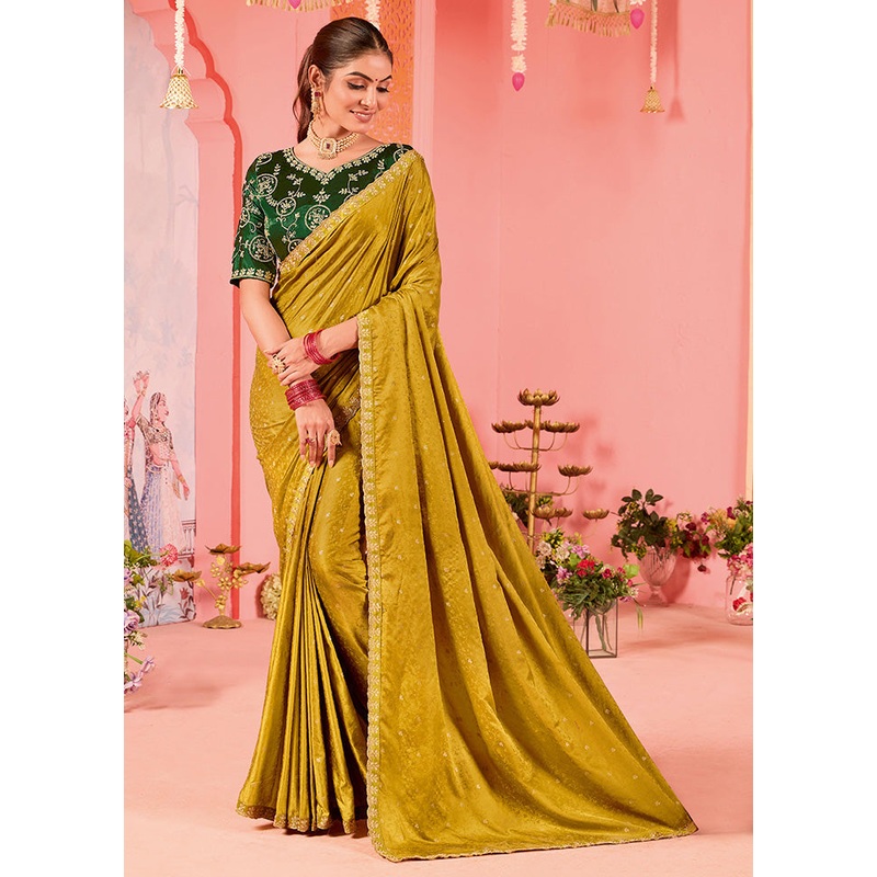 Gold Satin Silk Saree With Blouse Piece - JD986600022