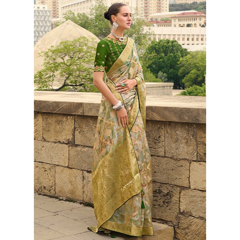 Green Spun Silk Saree With Blouse Piece - JD986600015