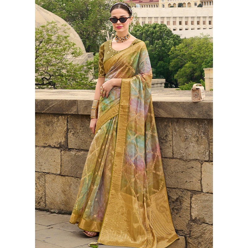Green Spun Silk Saree With Blouse Piece - JD986600016