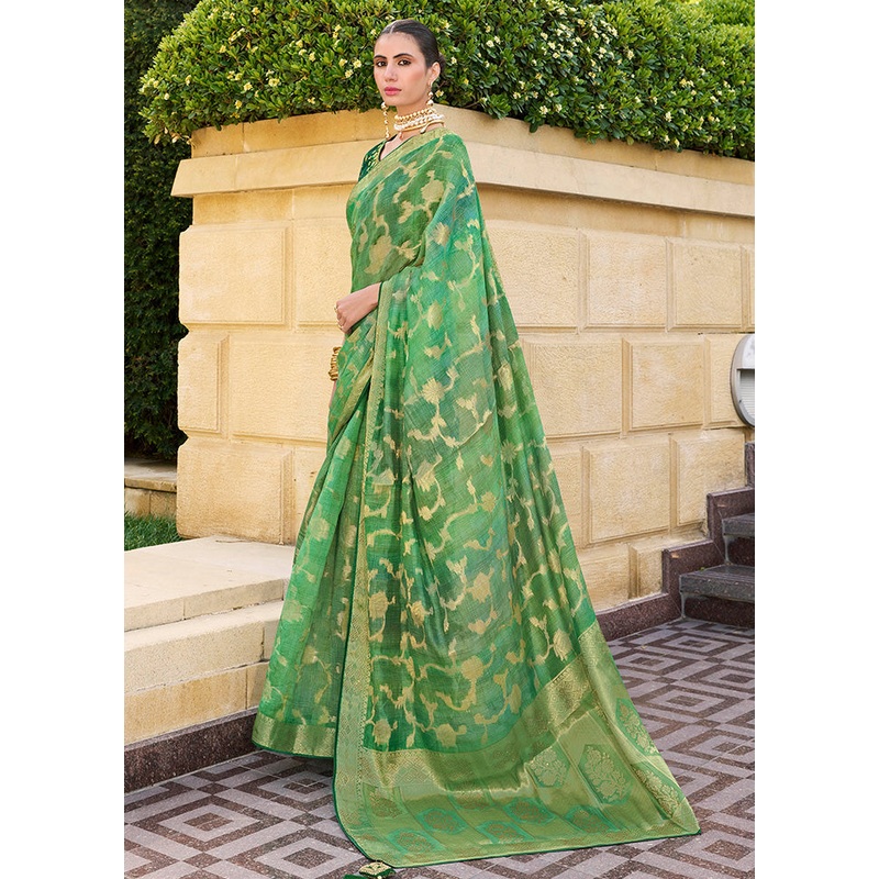 Green Spun Silk Saree With Blouse Piece - JD986600017