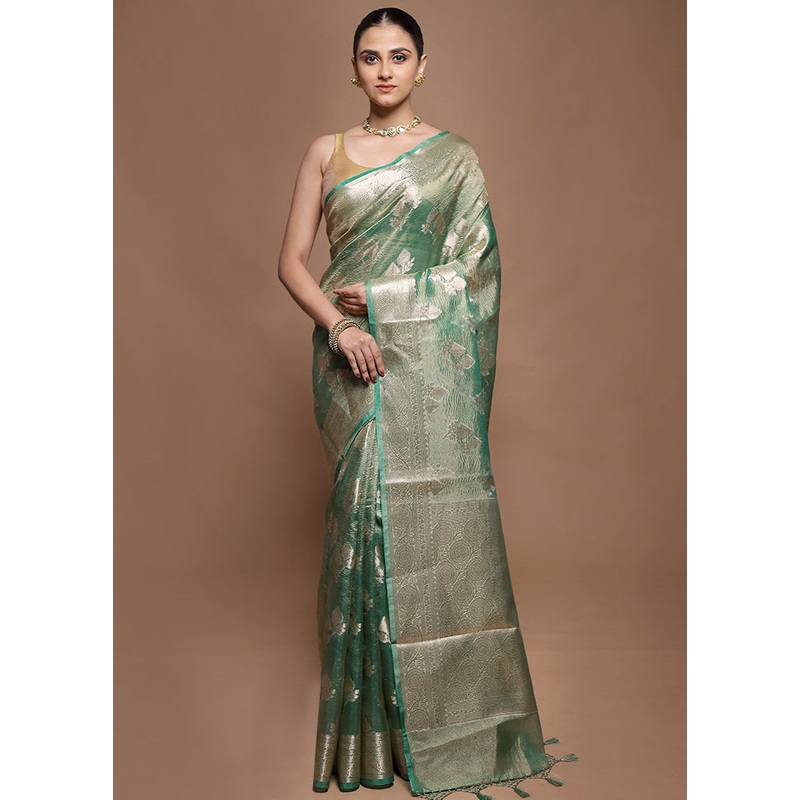 Green Tissue Silk Saree With Blouse Piece - JD986599930