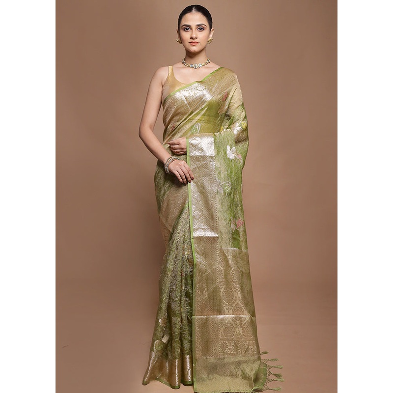 Green Tissue Silk Saree With Blouse Piece - JD986599931
