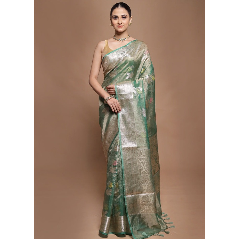 Green Tissue Silk Saree With Blouse Piece - JD986599932