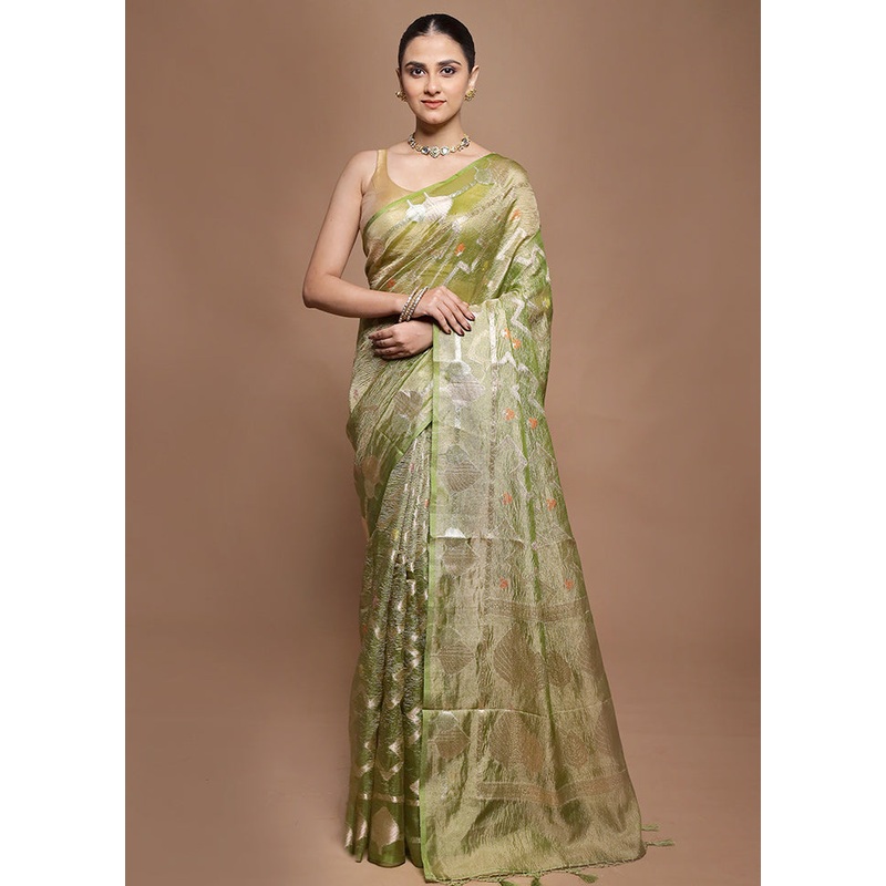 Green Tissue Silk Saree With Blouse Piece - JD986599933