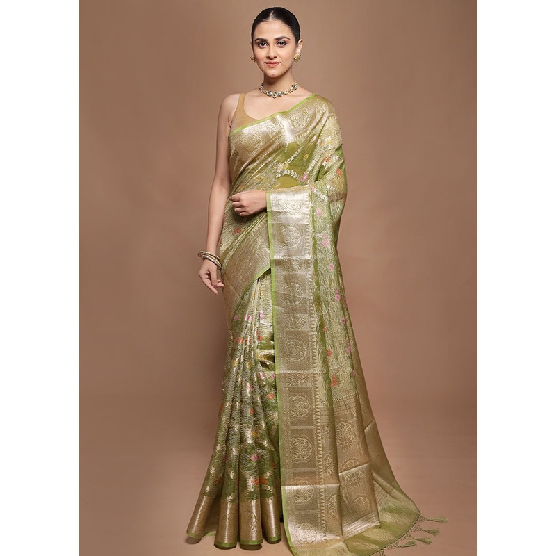 Green Tissue Silk Saree With Blouse Piece - JD986599934